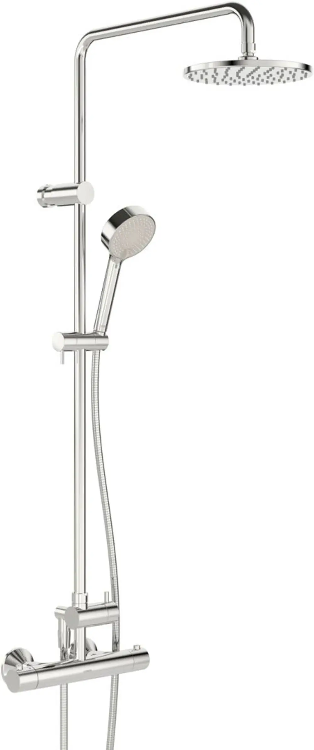HANSA Duscharmatur mit runder Kopfbrause und zusätzlichem Handbrausekopf. Glänzende Chrome-Oberfläche, elegante Linienführung und flexible Installation.